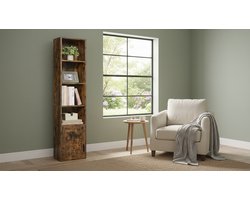 Boekenkast met Deur – Casa Serena Custos XL Hoge Smalle Boekenkast 6 Verdiepingen – Open Vakkenkast met Vertelbare Planken – Industrieel Vintage Bruin – 175 x 31,8 x 24 cm