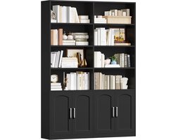 Boekenkast met Deuren – Staande Kast met 12 Vakken – Opbergkast / Displaykast voor Woonkamer, Kantoor of Keuken – Zwart – 115 x 27 x 185,5 cm