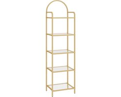 Boekenkast met Gehard Glazen Planken – Smalle Gouden Boekenkast met Stalen Frame – Moderne Open Wandkast voor Woonkamer, Slaapkamer, Badkamer & Kantoor