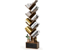 boekenkast met lade, 8-tier staande plank boomvormige cd dvd plank voor slaapkamer, woonkamer en thuiskantoor (rustiek bruin)