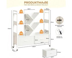 Boekenkast met Wieltjes – Industriële Boom Boekenkast met 8 Planken en 2 Lades – Staande Opbergkast met Metalen Frame – 100x100x32 cm Wit – Ruimtebesparende Kast voor Woonkamer, Kantoor & Slaapkamer – abtkantoor