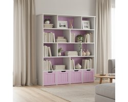Boekenkast – Opbergkast – Boekenrek – Wandkast – Ladenkast – Houten 5-laags kast – Met 4 laden en open planken – Incl. wieltjes en slot – 68,5 cm hoog – Roze