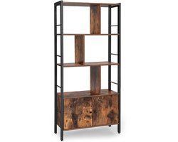 Boekenkast Opbergkast Grote boekenkast met deuren 6 open opbergvakken en 2 deuren Stevig metalen frame Industrieel design Geschikt voor woonkamer en kantoor 74 x 30 x 154,5 cm Bruin en zwart