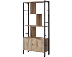 Boekenkast Opbergkast Met 6 Vakken En 2 Deuren Industrieel Design Stevig Metalen Frame Naturel Zwart 74x30x154,5 Cm Woonkamer Kantoor Bibliotheek