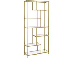 Boekenkast opbergplank met 6 lagen 30x80x180 cm goud met verstelbare voetjes en kantelbeveiliging stevige metalen frame met gehard glas geschikt voor studeerkamer woonkamer en slaapkamer