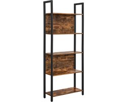 Boekenkast Opbergrek Displayrek 62 x 24 x 165 cm Bruin + Zwart 5 open planken Stevige en duurzame metalen constructie Met 2 achterpanelen en verstelbare voetjes Eenvoudige montage Geschikt voor woonkamer hal en kantoor