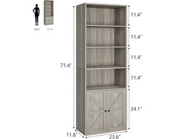 Boekenkast- opbergrek met 4 planken- opbergmeubel met 2 vakken en 2 deuren- voor kantoor- slaapkamer- woonkamer- 60x30x181cm- grijs