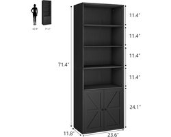Boekenkast- opbergrek met 4 planken- opbergmeubel met 2 vakken en 2 deuren- voor kantoor- slaapkamer- woonkamer- 60x30x181cm- zwart