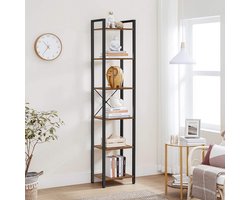 Boekenkast - Opbergrek Met 6 Planken - Open Planken - Boekenrek - Vitrinekast - Stellingkast - Woonkamer Kast - Industrieel - Bruin/Zwart