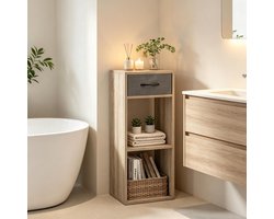 Boekenkast Open Design Met Stoffen Lade 32,4 x 30 x 80 cm Spaanplaat Licht Eiken Grijs Voor Woonkamer, Slaapkamer En Kantoor