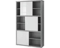 Boekenkast Prato 120cm met drie schuifdeuren - beton / hoogglans wit