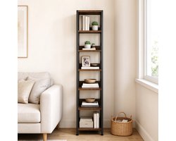 Boekenkast Smal Hoog 6 Niveaus - Metaal & Hout - Kantelbeveiliging - Verstelbare Voetjes - 168 x 35 x 30 cm - voor Kantoor Slaapkamer & Woonkamer - Bruin Zwart