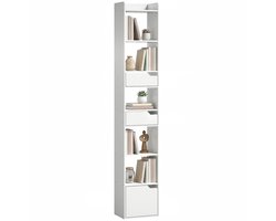 Boekenkast - Smalle Hoge Opbergkast Met 5 Open Vakken, 3 Lades - Wit Hout - 32x24x181,5 Cm