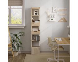 Boekenkast, staand opbergrek met 6 legplanken, 2 laden en 1 deur, van houtmateriaal, voor woonkamer, slaapkamer, bureau, licht eiken