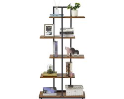 Boekenkast, staand rek, 5-laags asymmetrisch split level opbergrek, retro industriële stijl tentoonstellingsrek, open plank, voor woonkamer, kantoor, slaapkamer, 74 x 28 x 145 cm, bruin