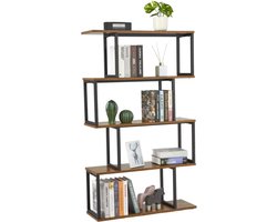 Boekenkast, staand rek met 4 niveaus, opbergrek van hout, S-vorm, industrieel design, 74 x 24 x 128 cm, decoratief rek voor planten en boeken, woonkamer, slaapkamer, kantoor, bruin