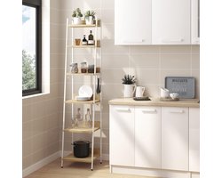 Boekenkast, staand rek met 6 niveaus, keukenrek met 4 haken, boekenkast in industriële stijl, opbergrek in de woonkamer keuken, plank van MDF metaal, smal ladderrek, wit