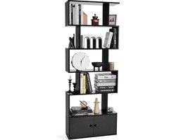 Boekenkast, staand rek met deuren, 183 x 70 x 23 cm, ruimteverdeler, rek met 5 niveaus, kantoorrek van hout, archiefrek incl. bevestigingsmateriaal, opbergrek voor woonkamer (zwart)