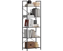 Boekenkast, staande kast met 5 niveaus, industriële kantoorkast met metalen frame, open opbergkast voor woonkamer, kantoor, werkkamer, 60 x 30 x 170,5 cm, zwart