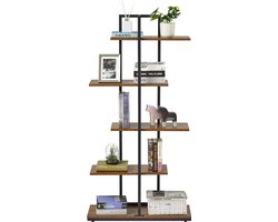 Boekenkast, staande plank, 5-laags asymmetrisch split-level opbergrek, retro-industriële stijl displayplank, open plank, voor woonkamer, kantoor, slaapkamer, 74 x 28 x 145 cm, bruin