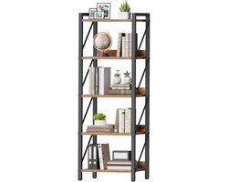 Boekenkast, staande plank, ladderrek, vrijstaand smal rek, kantoorrek, 5 niveaus, open planken, voor woonkamer, slaapkamer, kantoor, keuken, rustiek bruin en zwart