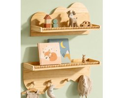 Boekenkast voor de kinderkamer – Set van 2 Wandrek – Boekenplank met schulprand en haakjes – Zwevende Wandplank voor opbergruimte en decoratie in de kinderkamer