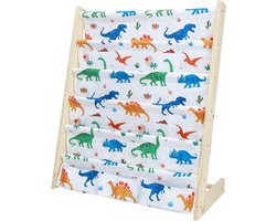 Boekenkast voor kinderen, kinderrek, rek, kleine boekenkast met 5 planken en 3 vakken, opbergplank, boekenorganizer van grenen en Oxford-stof (kleurrijke dinosaurus)