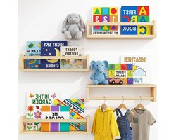 Boekenkast voor Kinderkamer, Set van 4 Houten Wandplanken, Drijvende Planken voor Boeken en Speelgoedorganisatie