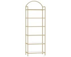 Boekenkast – Voor Slaapkamer, Badkamer & Thuiskantoor – Smalle Boekenkast met 6 Gehard Glazen Planken en Stalen Frame – Goud