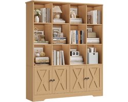 Boekenkast – Voor Woonkamer – Vrijstaand met 12 Open Vakken en 4 Deuren – Houtlook