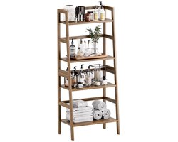 Boekenkast, walnoot, ladderrek met 4 niveaus, open bamboe staand rek, vrijstaande ruimtebesparende plantenstandaard, rek voor badkamer, keuken, kantoor