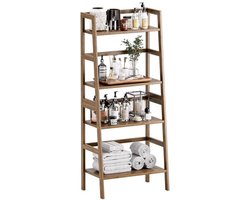 Boekenkast, walnoot, ladderrek met 4 niveaus, open bamboe staand rek, vrijstaande ruimtebesparende plantenstandaard, rek voor badkamer, keuken, kantoor