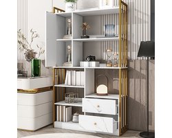 Boekenkast - wit marmer met goud frame - 6 planken met deuren en laden - industrieel staal - verticaal design