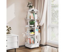 Boekenkast - Witte boekenkast - Boekenkast met vier deuren, draaibare planken en lades, voorzien van vergrendelbare wieltjes. Houten boekenkast met draaibare planken. Geschikt voor de woonkamer, slaapkamer en studeerkamer