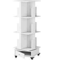 Boekenkast - Witte boekenkast - Draaibare boekenkast met drie planken - Verplaatsbare boekenkast met lades - Opbergmeubel voor boeken - Geschikt voor de woonkamer, slaapkamer en studeerkamer