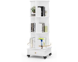 Boekenkast - Witte boekenkast - Draaibare boekenkast op wieltjes - Boekenkast met drie planken - Boekenkast met lades - Houten draaibare boekenkast Geschikt voor de studeerkamer, slaapkamer of woonkamer