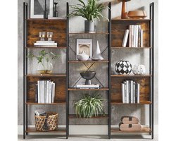 Boekenkast/plank in industriële stijl, 14 opbergplanken, metalen frame, 158x24x166 cm, rustiek bruin/zwart