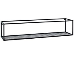 Boekenplank – Wandplank – Zwart geverfd metaal – Stalen buisframe met metalen gaasplank – Strak industrieel design – 70 x 16 x 16 cm – Gemonteerd geleverd