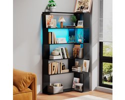Boekenplank-Zwarte boekenkast - houten boekenkast - vijfdelige hoekboekenkast - driehoekig ontwerp - met ledstripverlichting - geometrische opbergkast geschikt voor open woonkamers, studeerkamers en andere ruimtes in huis.