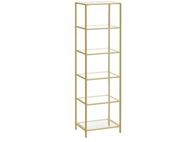 Boekenrek displayrek smalle opbergkast 6-laags open opbergontwerp gehard glas en metalen frame combinatie stabiele smalle structuur ruimtebesparend eenvoudig te monteren en te reinigen geschikt voor slaapkamer woonkamer en badkamer 30×40×177,3cm goud