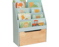 Boekenrek kinderkamer - 4 planken - 80 cm hoog - speelgoedkist op wielen - turquoise