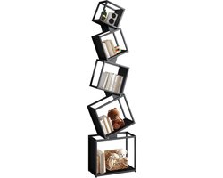 Boekenrek, metalen rek, 180 cm, 5 niveaus, poederspuitproces, matte look, geometrisch design, voor woonkamer, slaapkamer, kantoor, zwart