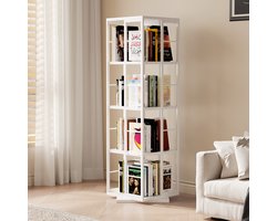 Boekenrek - Witte open boekenkast - Draaibaar boekenrek met 4 planken, van hout en metaal Opbergrek, geschikt voor de studeerkamer, slaapkamer, woonkamer en kantoor