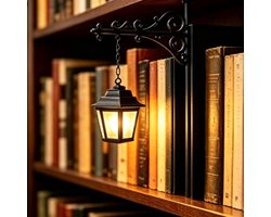 Boekensteun - Boekensteun metaal - Boekensteun met Lamp - Miniatuur Boekenplank Lantaarn- Decoratieve Sfeerlamp Tussen de Boeken - Geschikt voor Boekenplank, Leeshoek en Bureau - Zwart