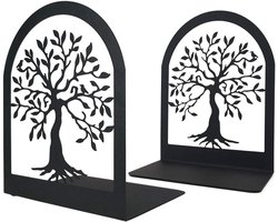 Boekensteun - levensboom decoratieve boekensteunen - 1 paar - zware metalen boekensteunen- anti-kras zwarte boekenhouder voor schoolbibliotheek thuiskantoor