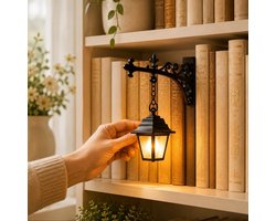 Boekensteun met Lamp - Miniatuur Boekenplank Lantaarn- Decoratieve Sfeerlamp Tussen de Boeken - Geschikt voor Boekenplank, Leeshoek en Bureau - Zwart