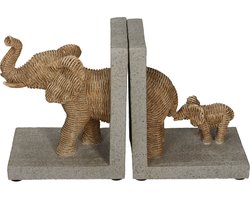 Boekensteun Olifant met Jong Naturel Rietlook 25,5 x 8,8 x 15,5 cm Set van 2