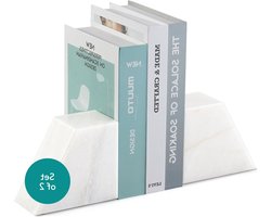 Boekensteun van marmer - Set van 2 boekenstandaards - 13 x 11 x 65 cm - Wit book ends