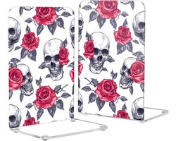 Boekensteunen Acryl - Boekhouders Set - Boeken Organiseren - Anti-slip Pads - 20.6 cm Hoog - Grijze Schedel Rode Roos