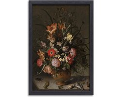 Boeket bloemen in een vaas, insecten en kleine wezens - Jacob Marrel schilderijen - Oude meesters portret - Canvas schilderij Insecten - Landelijk schilderij - Canvas met baklijst schilderij woonkamer - Kunstwerken - 75x100 cm